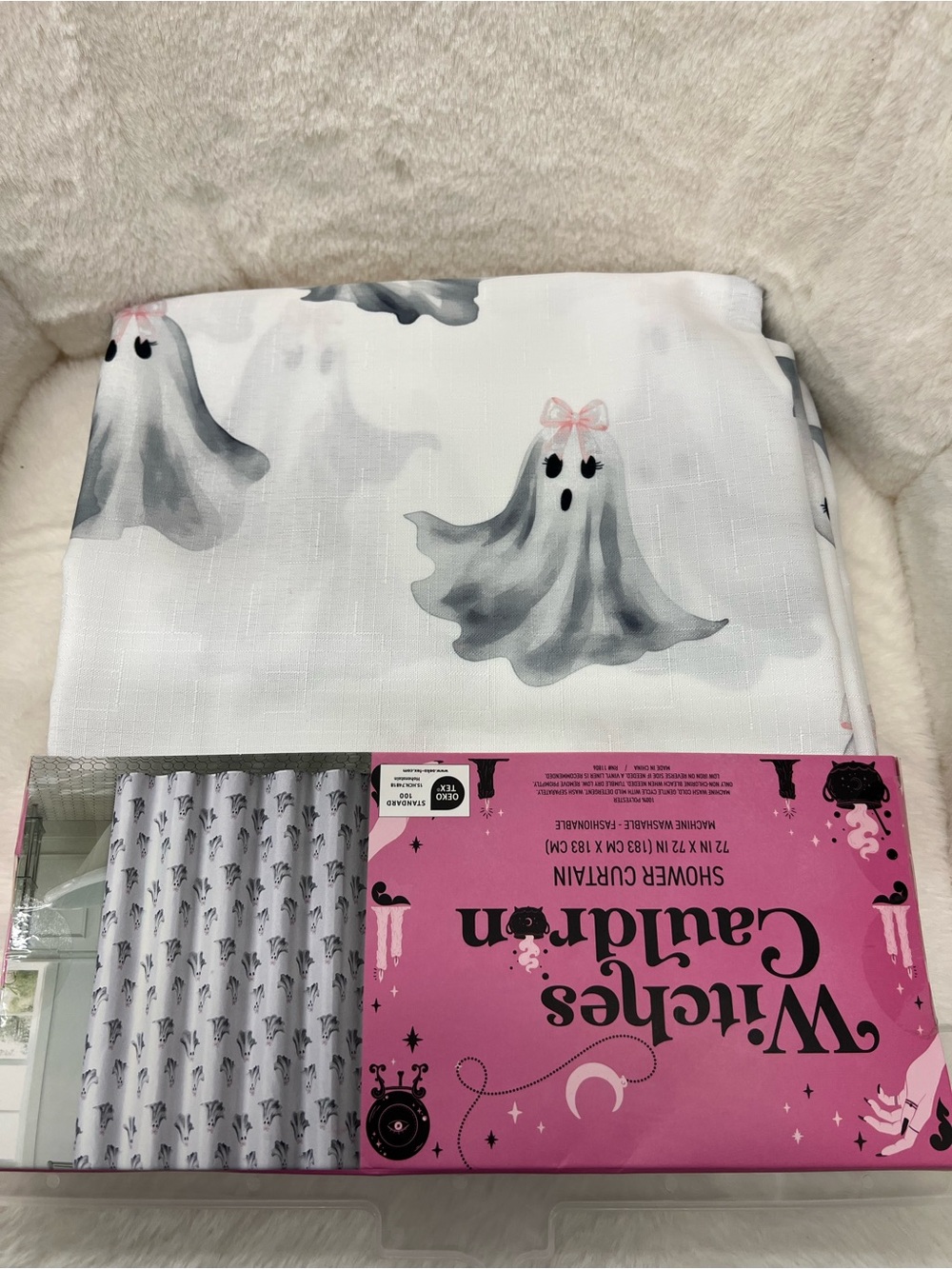 Halloween Ghosts & Pink Bows Fabric Shower Curtain